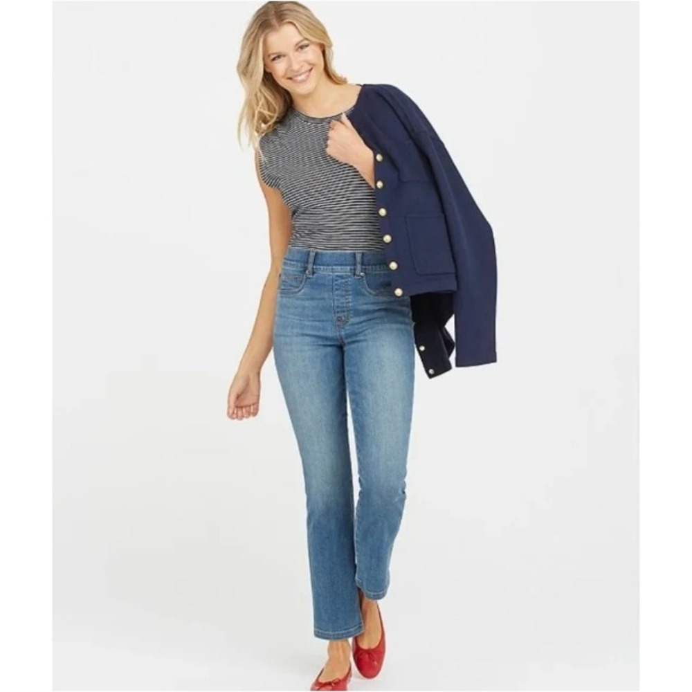Spanx Straight Leg Stretch Denim Jeans Womens L Blue Medium Wash Tummy Control